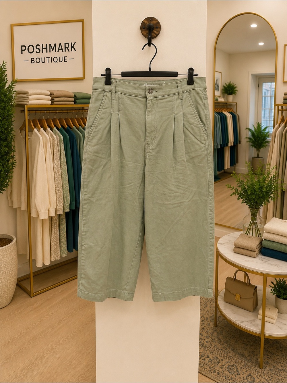 Gloria Vanderbilt Green Pleated Capri Pants Size 12 Stretch Cotton High Rise